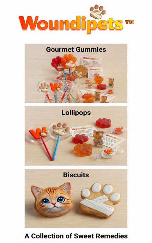 Woundipets candy gummies biscuits lollipops
