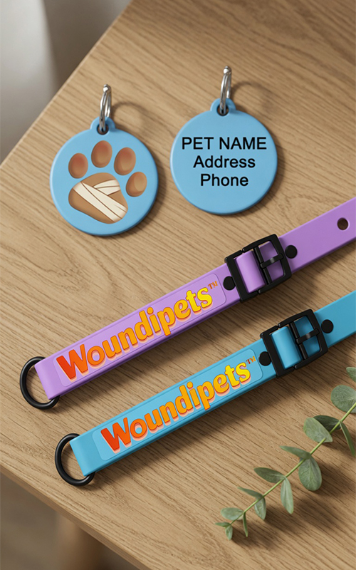 Woundipets personalized pet ID tag medals and collars