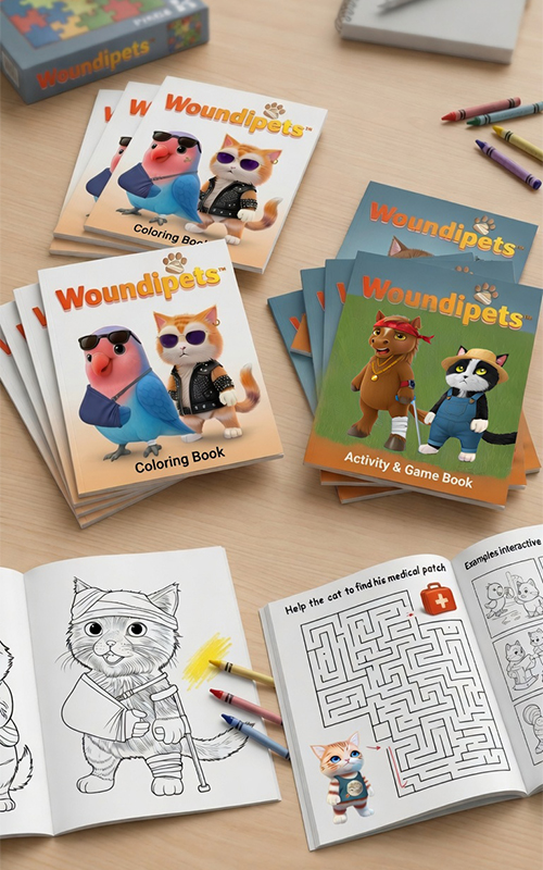 Woundipets activities and coloring books